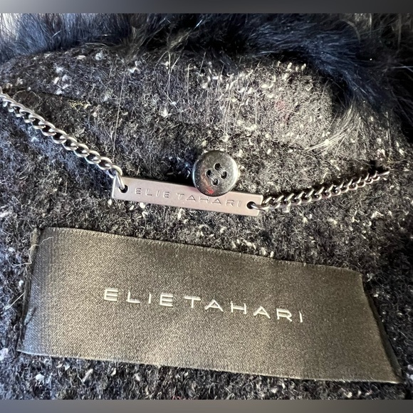 Elie Tahari Fur Trimmed Black and White Tweed Wool Coat, Size Medium - Picture 12 of 12